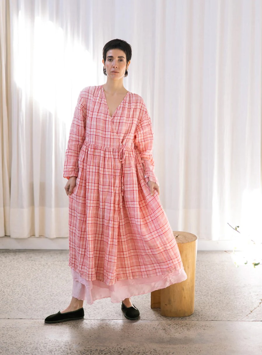 Metta Melbourne Dresses | Metta Melbourne: Amelie Wrap Dress - Light Linen - Red & Pink Check