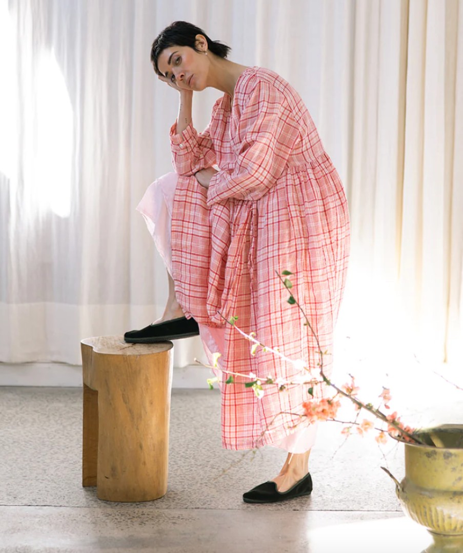 Metta Melbourne Dresses | Metta Melbourne: Amelie Wrap Dress - Light Linen - Red & Pink Check